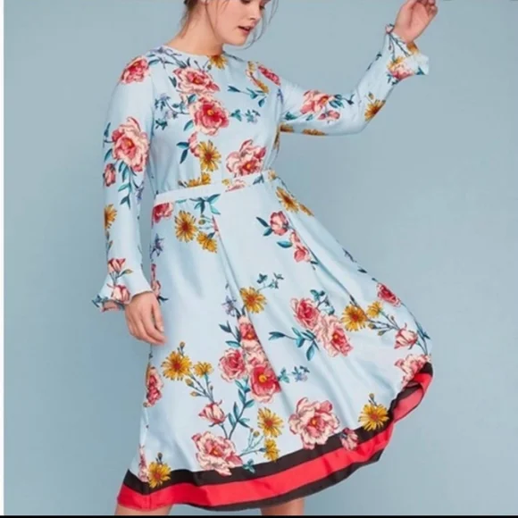 Lane Bryant Dress Blue Floral Print Long Sleeve Ruffle Cuff Limited Edition  22